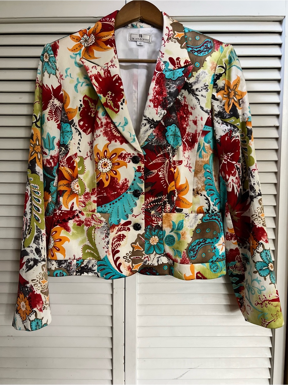 Vintage Le Château Blazer Multicolor Floral Silk Statement Coat S10 Boho Classic